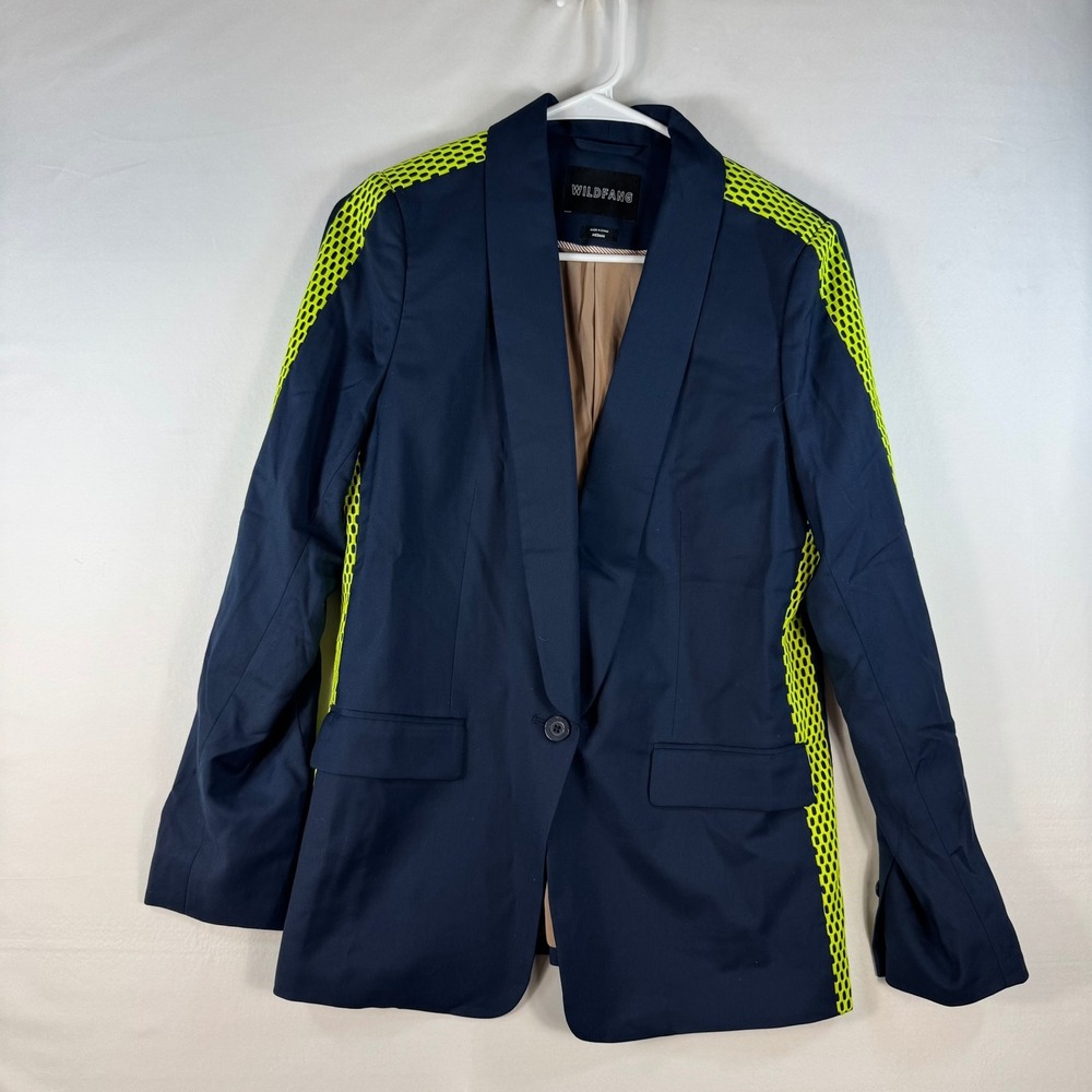 Wildfang Navy Blue Blazer Neon Yellow Mesh Side Panel Shawl Lapel Medium